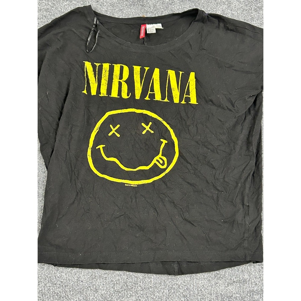 H&M Divided,T-Shirt,Womens,Small Black Nirvana Graphic Band Tee Smiley Face Crop